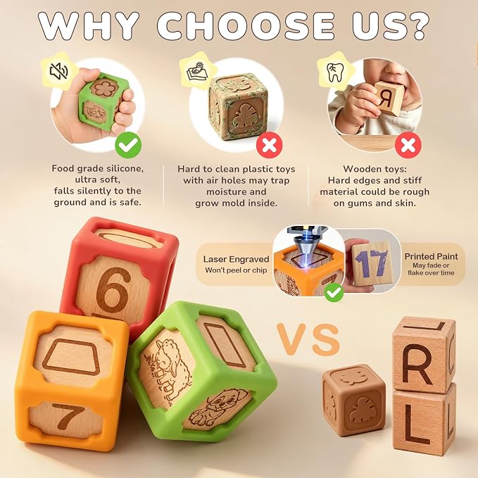 Joyreal Silicone Wooden Baby Blocks, 10PCS Montessori Stacking Blocks for Babies 6-18 Months, 1.7" Beech Wood Sensory Learning Toy with Animals, Numbers, Textures, Soft Chewable, Laser Engraved