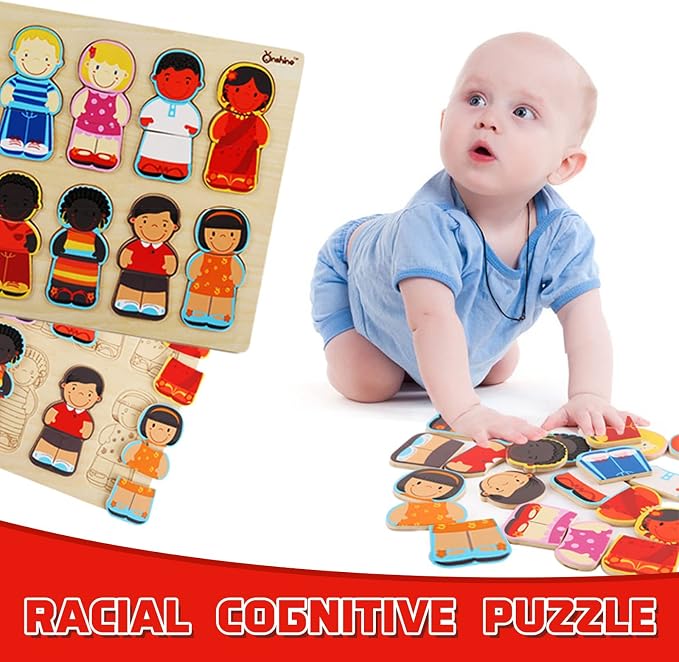 Wooden Puzzle for Toddlers 1-3, Children of The World Racial Cognition Toy | Dress-up Peg Puzzle Educational Toys, 24 Pieces Mix and Match Boys and Girls, Multicultural Diversity Toys for Kids