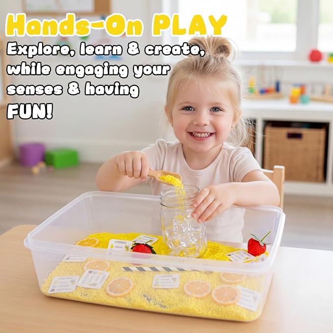 Beeveer 39 Pcs Lemonade Sensory Bin for Kids Summer Sensory Set with Box Yellow Rice Filler Fake Lemon Slices Cubes Cards Strawberry Jar Straw Spoon for Toddlers Gifts Summer Counting Sorting Tools