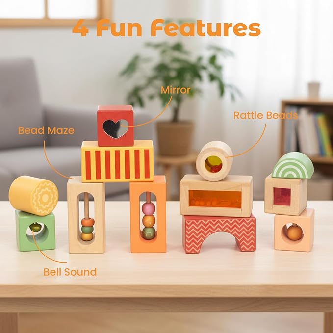 Fun with Sounds Wooden Discovery Blocks for Toddlers with Acoustic Sounds, Toddler Toys for Preschool Learning Activities (Red)