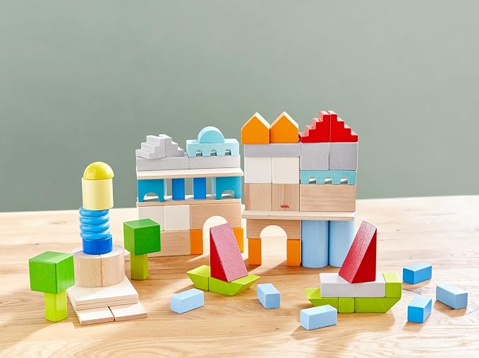 HABA Colored Wooden Building Blocks - Set of 85 Piece Set of Wooden Toys, Stacking Toys for Toddlers 1-3 Ideal Open Ended STEM Play (Made in Germany)