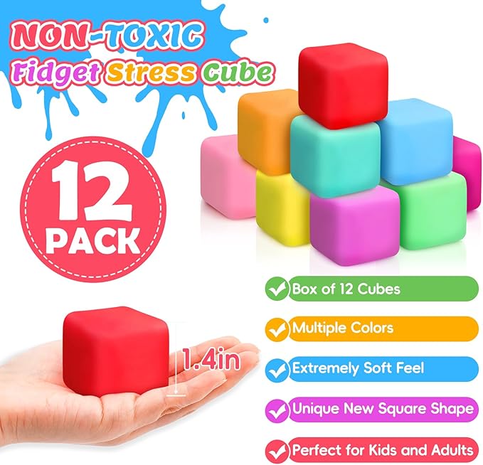 VISCOO 12 Pack Slow Rising Stress Cube, Stress Balls Fidget Squishy Toys | Squeeze Toy for Anxiety Relief, Pull Stretch Squishy Ball for Classroom Prize, Party Favors for Kids Adults