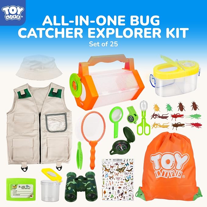 TOY Life Kids Explorer Bug Catcher Kit with Safari Costume, Binoculars Kids Outdoor Toys, Bug Toys, Butterfly Net, Camping Set Outdoor Activities Adventure Kit Nature Exploration Gifts Kid Ages 3-12