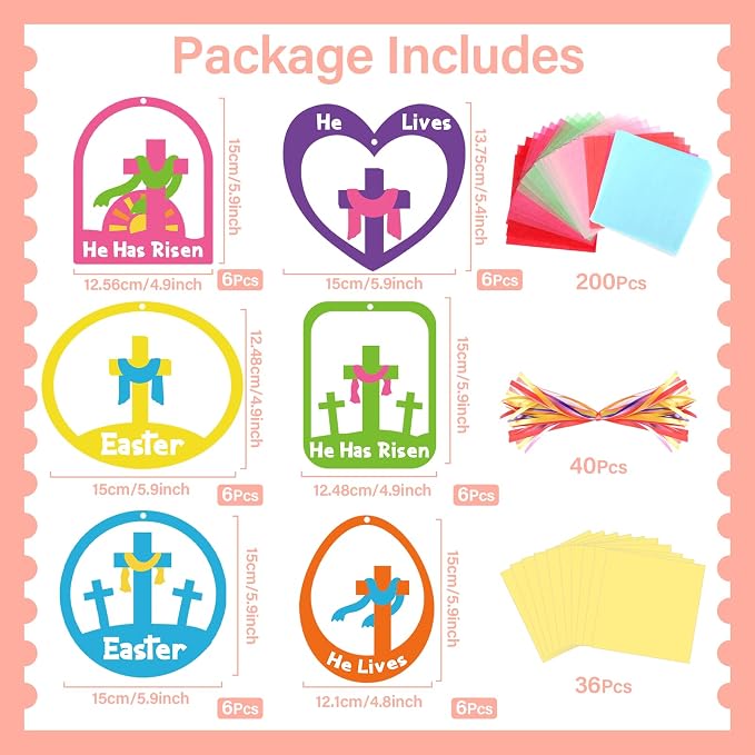 Qyeahkj 36 Set Easter Suncatchers Crafts for DIY Resurrection Church Window Tissue Paper Crafts Kit He is Risen Hanging Decor for Religious Cross Home Activity Art Project Favor Gift