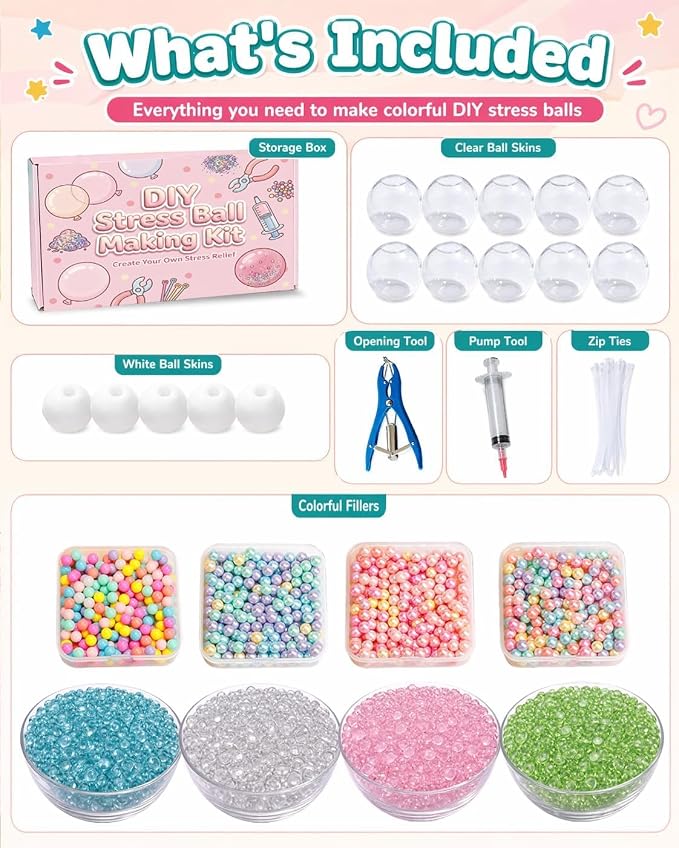 DIY Stress Ball Making Kit, Squishy Maker Kit with 15 TPR Ball Skins, 8 Types of Fillers, Air Pump Vacuum Tool & 20 Cable Ties, Make Your Own Squishies for ASMR Anxiety Relief Sensory Fidget Toys