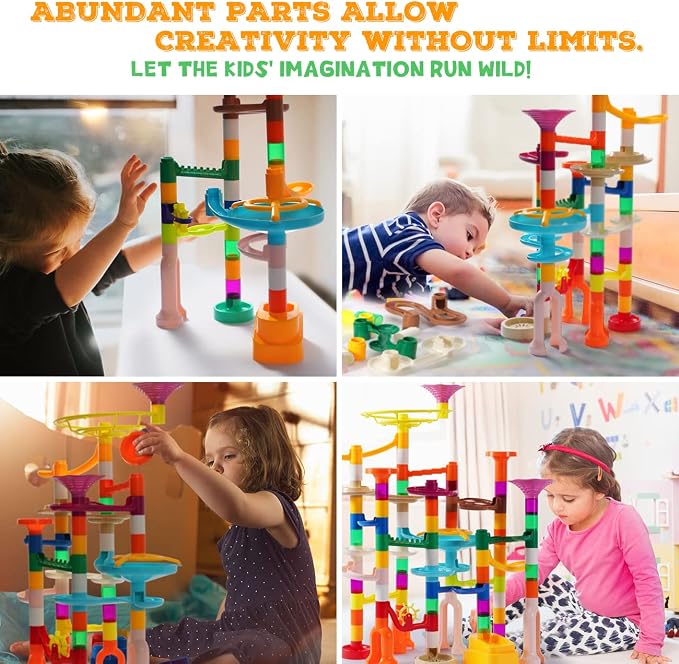 MaxTronic Marble Run Kit, 166Pcs Marble Maze Building Block Toys for Kids, STEM Learning Toys Marble Track Race Set with 30 Glow in The Dark Glass Marbles Birthday Gift Toys for Boys & Girls Aged 3-12