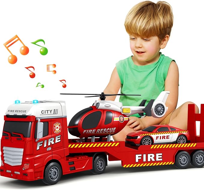 Kids Toys for 3 4 5 6 7 8 Years Old Boys, 25" Fire Truck Toy with Racing Car and Helicopter, Toddler Friction Powered Truck Vehicle Toy with Lights, Sounds for Boys Girls Christmas Birthday Gifts