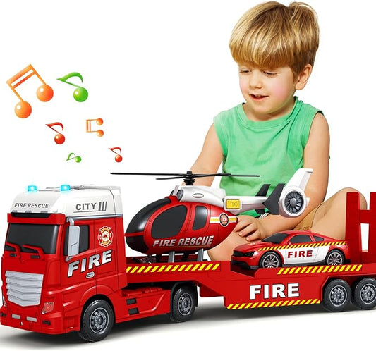 Kids Toys for 3 4 5 6 7 8 Years Old Boys, 25" Fire Truck Toy with Racing Car and Helicopter, Toddler Friction Powered Truck Vehicle Toy with Lights, Sounds for Boys Girls Christmas Birthday Gifts