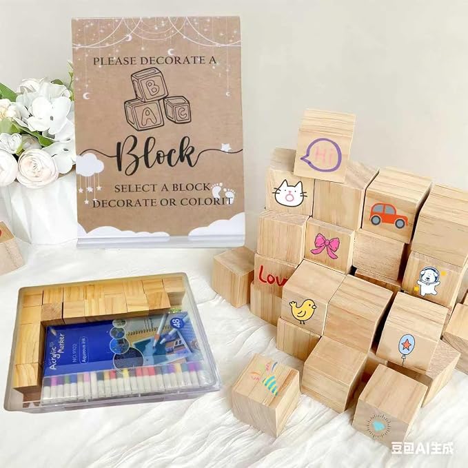 156-Piece Baby Shower Building Block Game Set, featuring 58 plain wooden blocks, 48 markers, 48 templates, 1 game instruction card, and 1 storage box—specially designed for parties (Floral Theme)