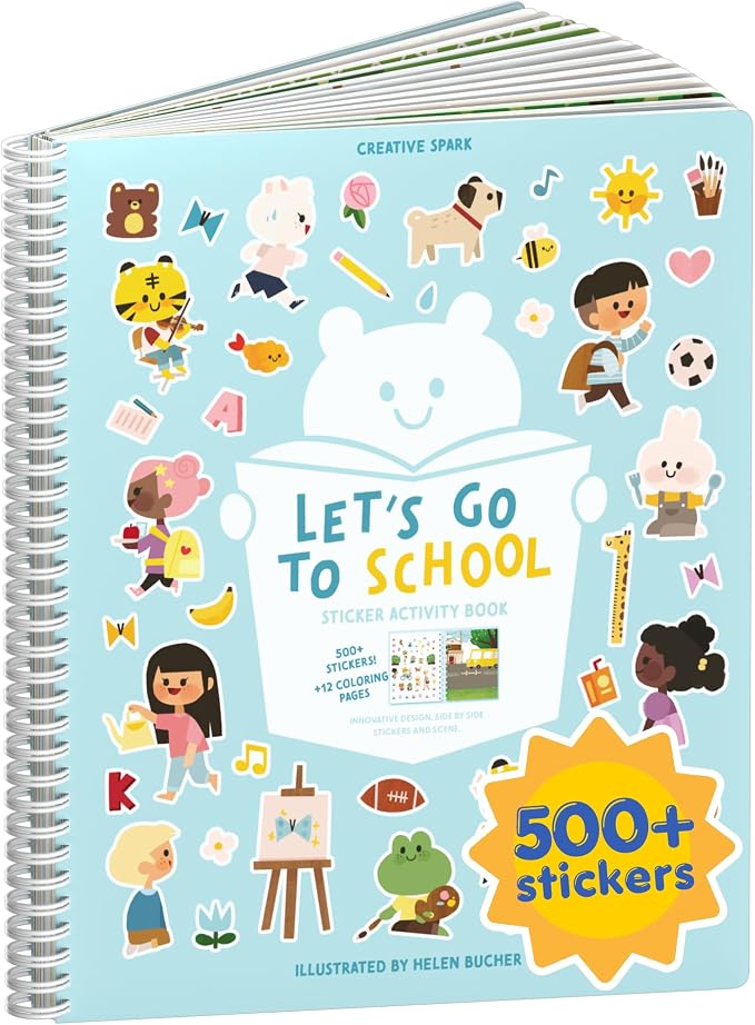 Cupkin Let’s Go to School Coloring & Sticker Activity Book | 500+ Stickers | Spiral-bound kids craft format with 12 scenes, 12 art pages, side-by-side viewing, and an easy-peel design for ages 2–8