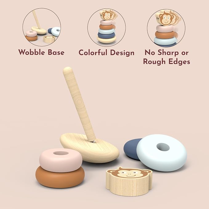 Roly Poly Stacker Toy for Toddlers Wobble Base FSC Wood | colorful rings, wobble base, FSC wood, ring stacker toy, sorting & stacking toys, toddler girl toys, sensory fine motor play