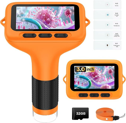 Kids Digital Microscope with 3-Inch Screen: STEM Toy Science Gift Ages 4-12 | 32GB Card, 1000X Zoom, Rechargeable, Photo/Video, Connect to PC, 8 LEDs, 6 Brightness Levels, One-Touch Capture