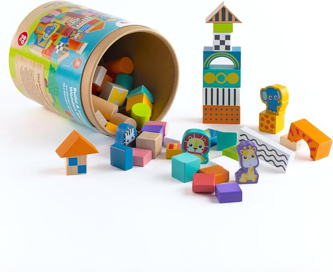 Jasey's Toy Chest Build & Imagine Wooden Blocks | 80-Piece Educational Building Set with Animal & Shape Blocks | Toddlers Ages 12+ Months