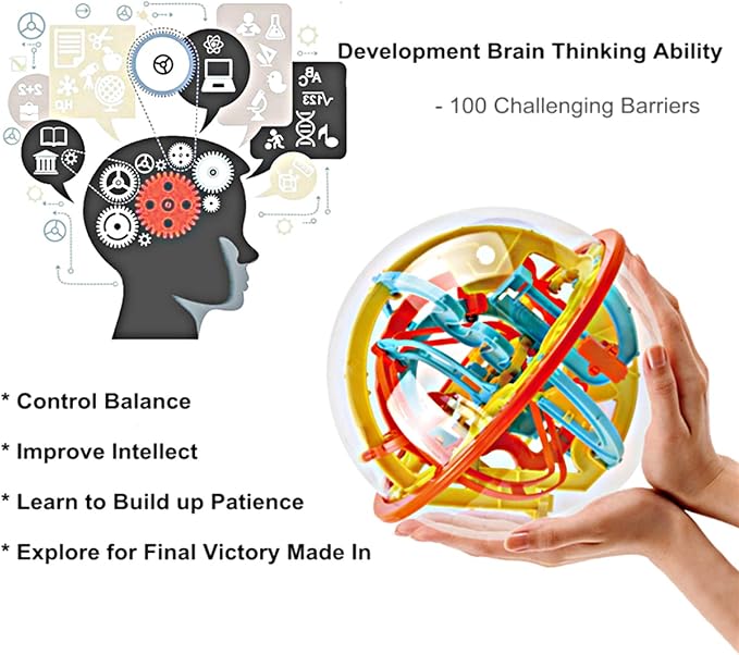 3D Maze Ball, 7.1in Labyrinth Puzzle Ball with 100 Obstacles | Brain Teaser Game, 100 Challenges, Educational Toy, Interactive Maze Sphere Game
