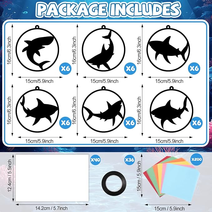 Qyeahkj 36 Set Shark Suncatchers Crafts Under the Sea Suncatchers Craft Ocean Fish Tissue Paper Kit Summer Fish Tissue Paper kit Window Hanging Decoration for Home Art Project Party Favor Gift