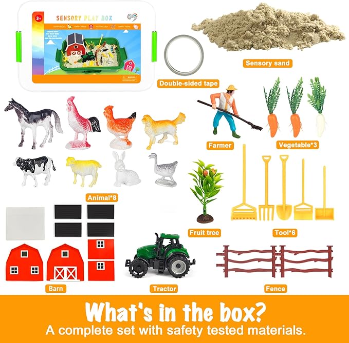 Carolart Farm Sensory Bin with Sensory Sand, Barn Toys & Tractor | Farm toys with farm animals, sensory toys for toddlers, gift for boys and girls ages 3-8