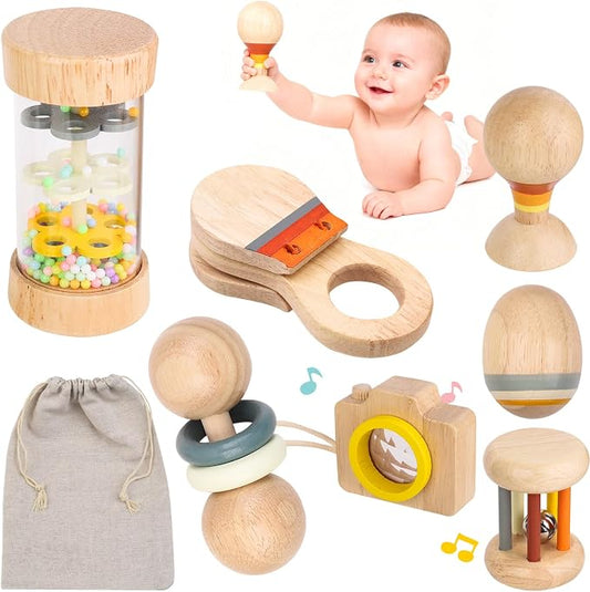Montessori Wooden Baby Toys 0-12 Months, 7-Piece Sensory Rattle & Music Set | Rain Sound Tube and Rattle Roller for grasping, shaking, rolling, sound discovery and visual exploration with Storage Bag