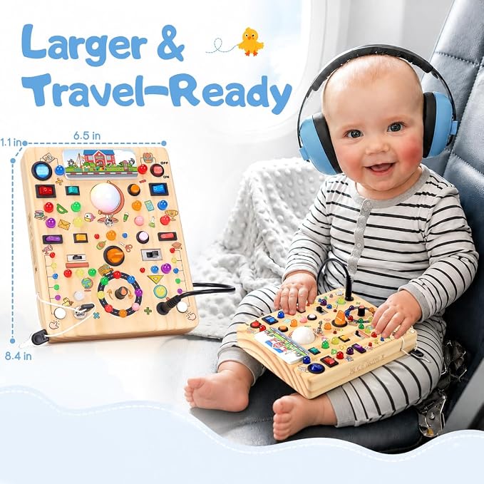 Busy Board with LED Light Switches, Montessori Toys for 1 2 3 Years Old, Toddlers Wooden Toy Sensory Activity Board, Travel Toys for 1+ Year Old Boy & Girl Birthday Gift (School 19 Switches)
