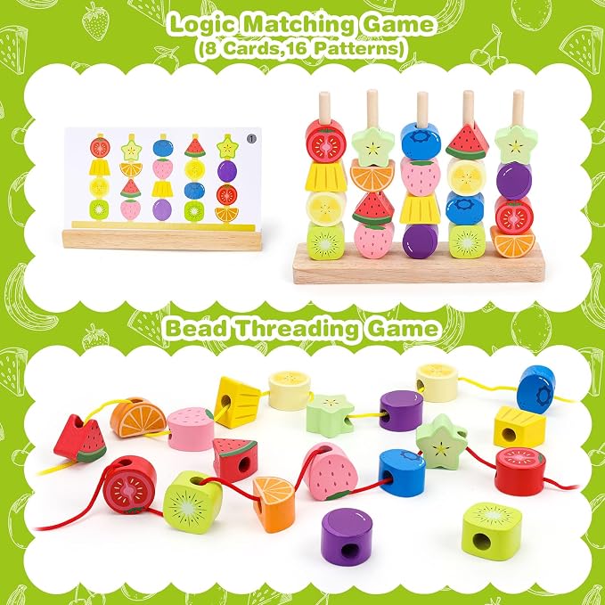 Appoft Montessori Wooden Beads Mastery Kit: Fine Motor Skills Builder for Toddlers 2-5 Stacking Blocks Lacing Beads Travel Learning Toys STEM Gifts for 2 3 4 5 Year Old Boys Girls Toys for Ages 2-4