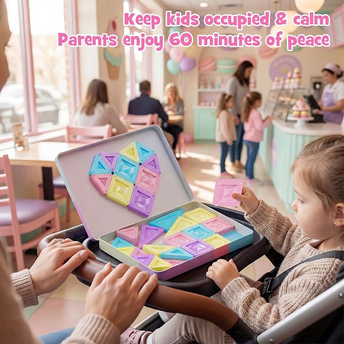 burgkidz Magnetic Tiles Travel Set: 40Pcs Pastel Macaron Portable Tin Case | Ultralight Tin Box Serves As Building Base, 45+ Mins Quiet Play, Fits Lap Tray for Airplane Trips, STEM Toy for Kids Ages 3+
