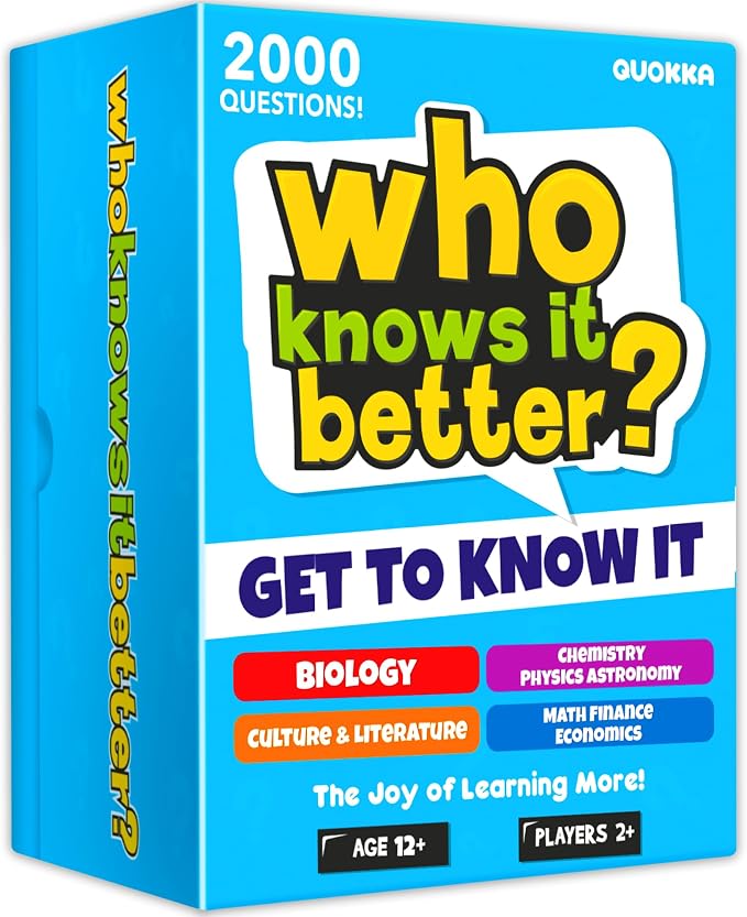 Card Games for Kids 8-12 - Set of 4 Board Family Games for Kids and Adults | Trivia Cards for Family Game Night - Who Knows It Better 2000+ Questions Across Biology, Culture, STEM and Math