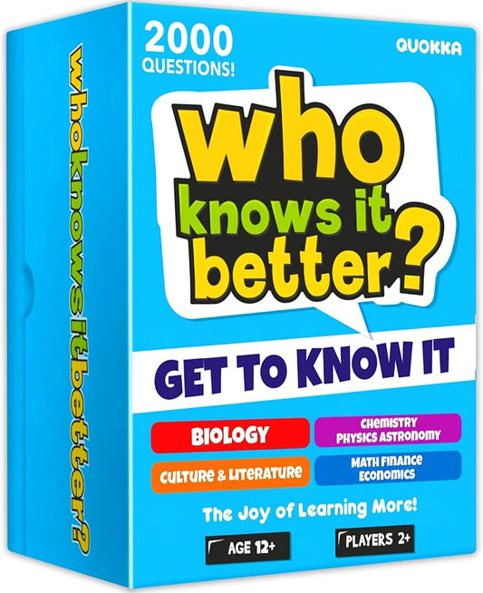 Card Games for Kids 8-12 - Set of 4 Board Family Games for Kids and Adults | Trivia Cards for Family Game Night - Who Knows It Better 2000+ Questions Across Biology, Culture, STEM and Math