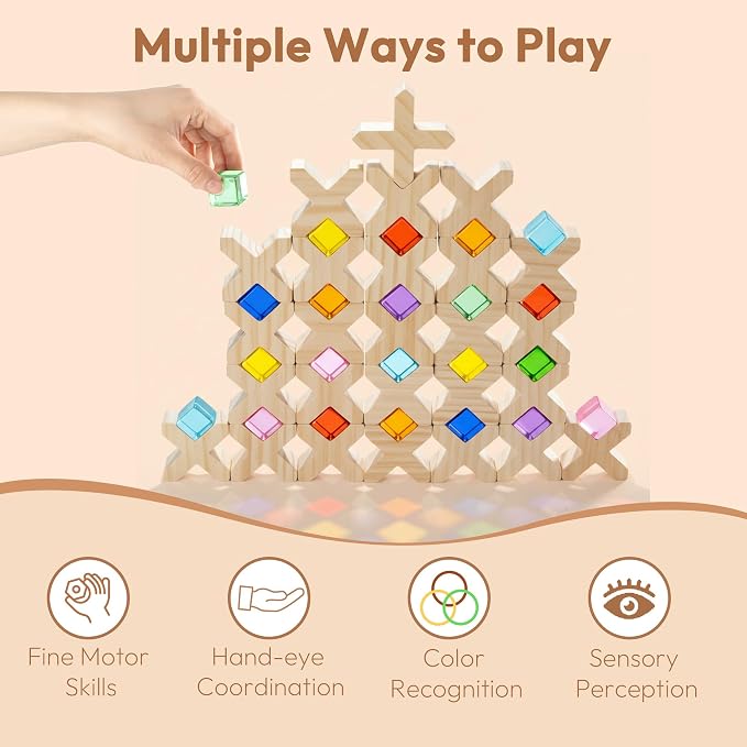 Woodtoe 80 PCS Rainbow Building Blocks Set, Wooden Blocks for Kids Ages 3-6 | Montessori Stacking Toy, 48 PCS Acrylic Blocks, 32 Wooden Blocks, Educational STEM Learning Sensory Toy Gifts for Boy Girl