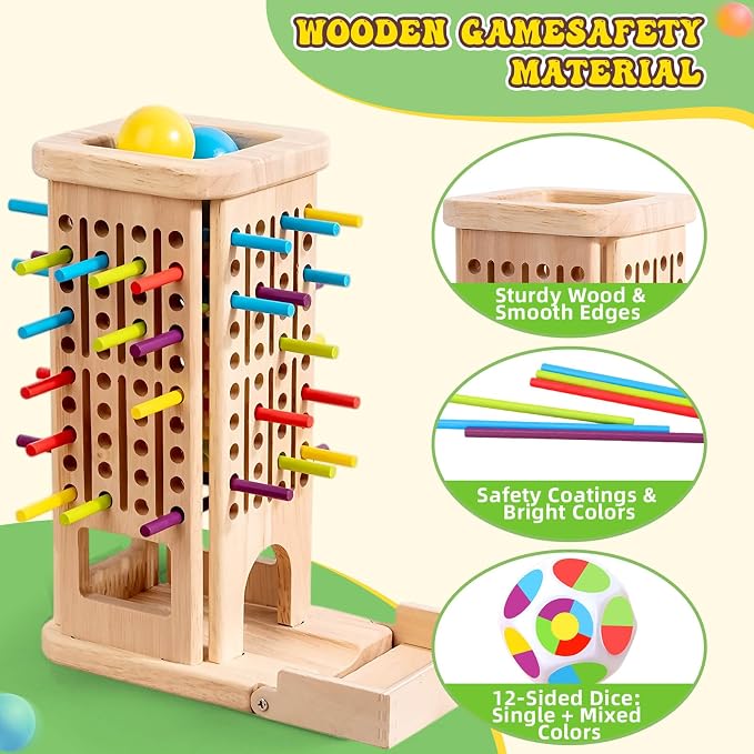 Montessori Wooden Board Games for Kids 3-8 Years, Educational Toys | Fine Motor Skills Toys for 5 Year Old, 40 Colorful Wooden Sticks, 12-Sided Dice, Math Toys, Family Games for Kids and Adults