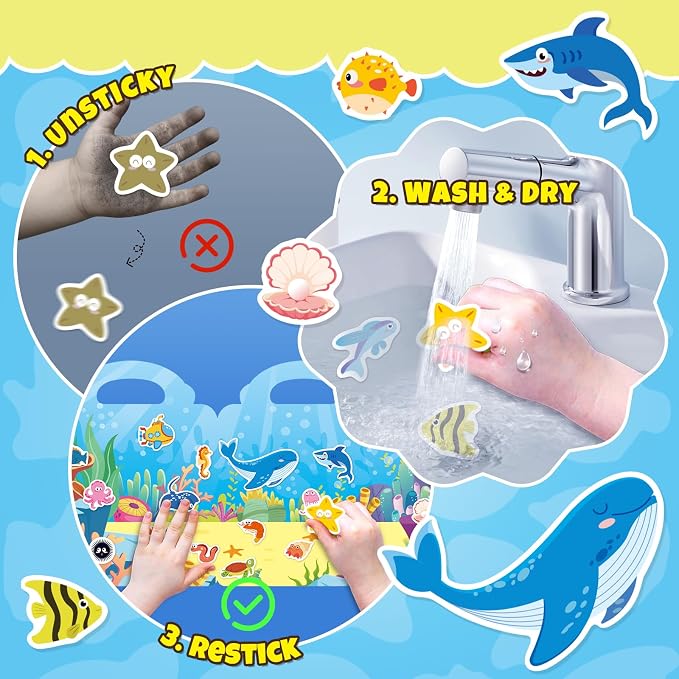 Sticker Books for Toddlers 2-4 Years, Travel Sticker Book with Washable Jelly Stickers, Foldable Carry Handle Quiet Toy, 5 Theme Scenes for Kids 3-5, Dinosaur+Space+Ocean+Fairy Tale+Pizza