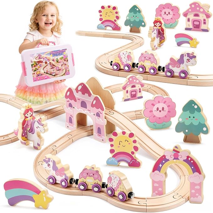 Unicorn Wooden Train Set for Girl 3-5, Birthday Gifts Toys for 2 3 4 5 6 Year Old Toddler Girls, Learning Gift Toy for Toddlers Kids Age 2-4, 32PCS Princess Castle Train Track Sets with Storage Box