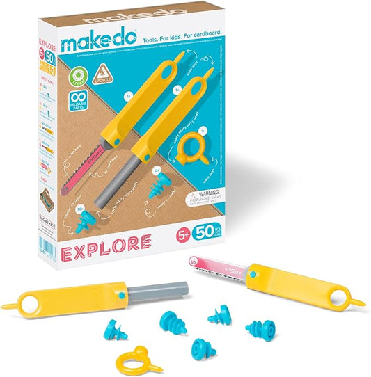 Makedo Explore Toolbox | Cardboard Construction Tools for Kids Age 5+ | 50 Piece Toolkit in Small Sized Toolbox | Versatile Cars to Castles Building Kit | Perfect for at Home Creative Play | STEM + STEAM Educational Toys for At Home Play + Classroom Le...