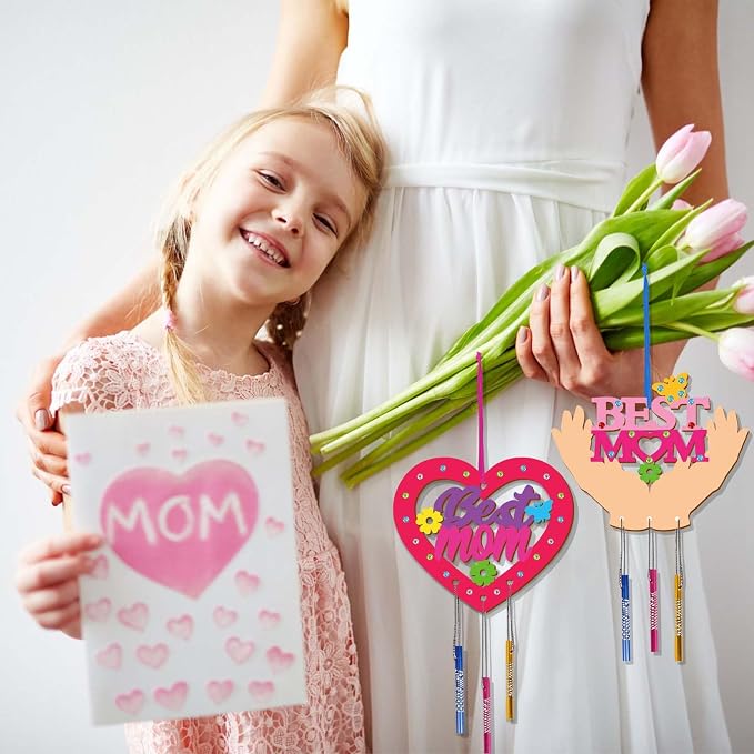 Fennoral 9 Pack MOM Wind Chime Kit for Kids Make You Own Mother's Day Wind Chimes DIY Coloring Mother's Day Wooden Art and Craft for Art Activity Mom's Birthday Decoration Mum Gifts