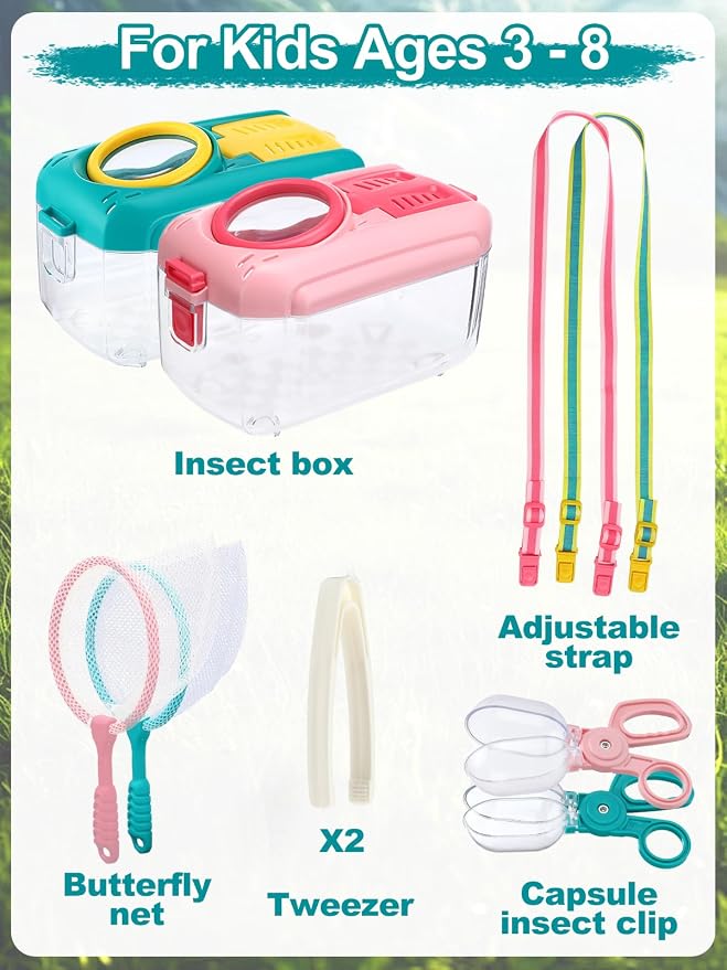 2 Sets Bug Catcher for Kids, Bug Catching Kit Gifts with Butterfly Net Toys | Built-in Magnifying Glass Bugs Box, Kids Camping Toys Bugs Collection Outdoor Explorer Kit for Age 3 4 5 6 7 8, Pink & Blue