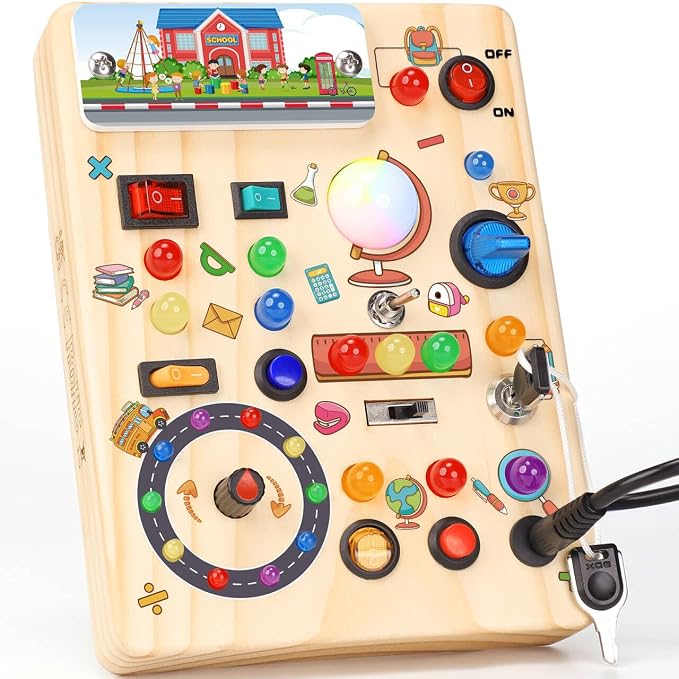 RichBoy Busy Boards, Lights Switch-Style, Wooden, 37-in-1, Medium | Toddlers Birthday Gifts, Montessori Toys, Autism Sensory, Fine Motor Skills, Educational Learning, Travel Essentials