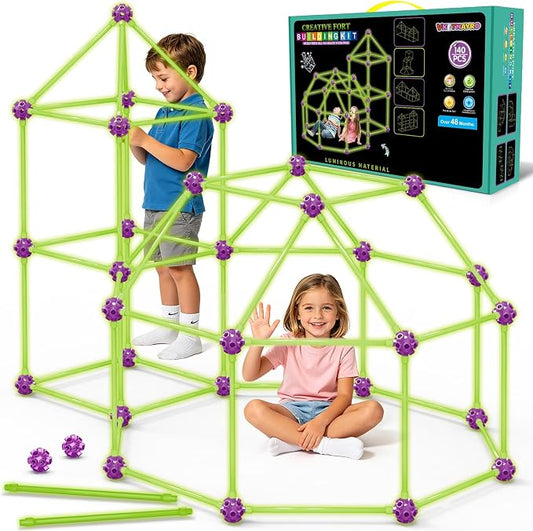 Glow In The Dark Fort Building Kit for Kids, STEM Building Toys, Kids Fort | DIY Castles Play Tent Tunnels, kids Creative Construction Toys Set, Christmas Birthday Gifts for Boys & Girls, 140 Pcs