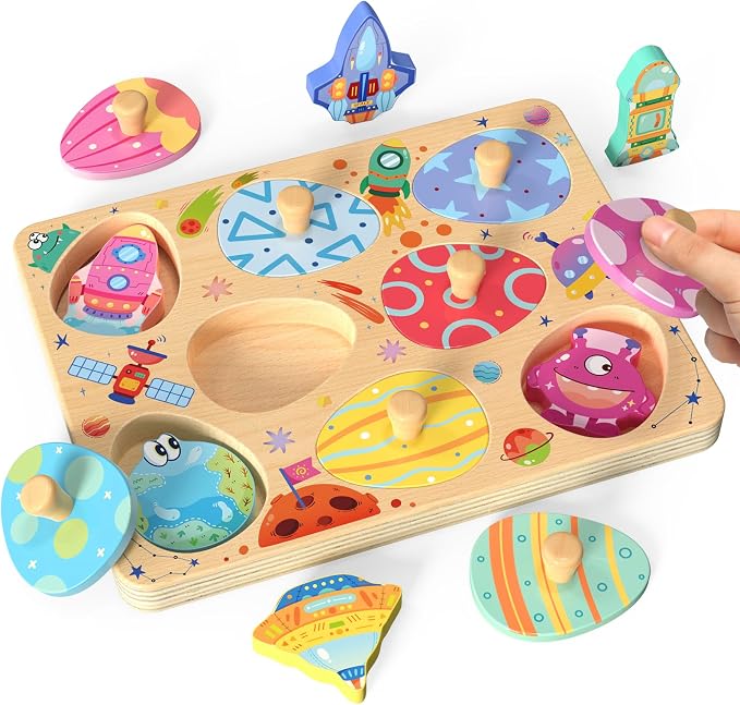 Zeoddler Wooden Puzzles for Toddlers, 8 Pcs Space Matching Egg Puzzle, Solar System for Kids, Montessori Toys for Boy Girl Easter Birthday Gifts, Educational Toys for Boys, Girls