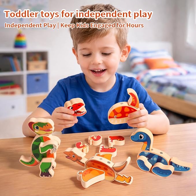 INIFEIDALA Magnetic Wooden Dinosaur Building Blocks, Ages 3-6 | Take Apart, STEM Montessori Educational Toy, Fine Motor Skills Development, Hand-Eye Coordination