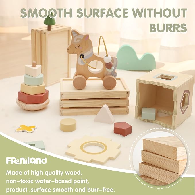 FReniland Montessori Toys for 1 Year Old，3-in-1 Wooden Baby Toys，Wooden Stacking Toy，Toddler Shape Sorting Cube, Unicorn Ring Toy