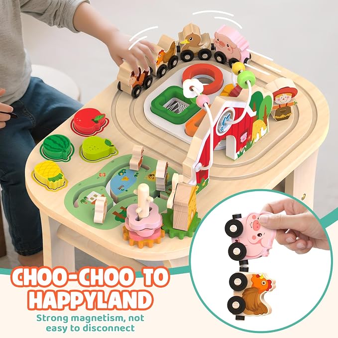 Weilim Montessori Activity Table for 1 Year Old, Wooden Farm Toddler Toy | Busy Activity Center with Bead Maze, Shape Sorter, Train Track & Spinning Gears—Sensory Play That Grows Fine Motor Skills