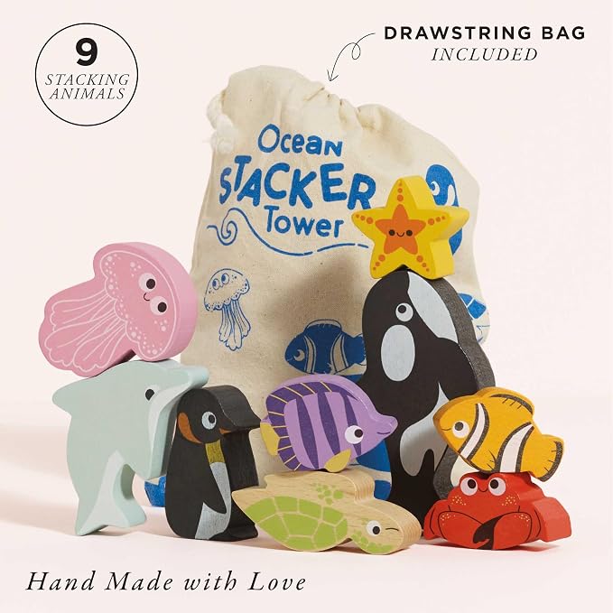 Le Toy Van Under the Sea Ocean Animals Stacking Toy and Bag | Sustainable Wooden Balancing Toy, Sea Animal Characters for Toddlers, Suitable for 18 Months and Up