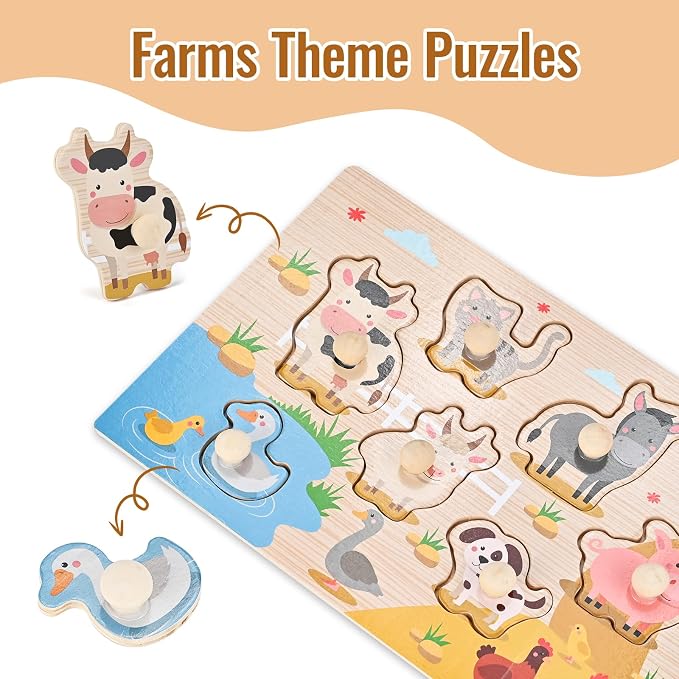 Wooden Peg Puzzles for Toddlers 1-3, 2 Pcs Montessori Puzzles, Animal & Sea Themes Puzzles, Great Preschool Educational Learning Gifts for Girls and Boys