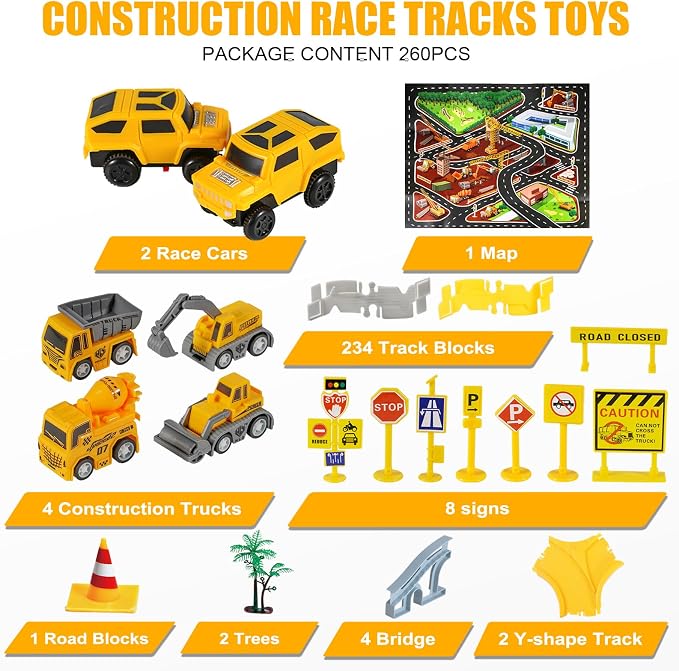 260PCS Construction Race Car Track Set for Kids Toys | 2 Electric Cars, 4 Construction Cars, 1 Map & Flexible DIY Track Set, Engineering Toys for 3 4 5 6 Year Old Boys Girls