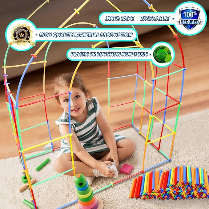 Ggiibro Straw Constructor Toys 600Pcs STEM Building Toy Interlocking Plastic Engineering Thin Tube Blocks Educational Kit for 3 4 5 6 7years Kids Boys and Girls Gift Preschool Toy with Storage Box