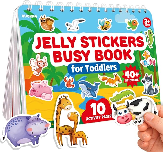 Jelly Sticker Books for Toddlers 3-5 - 40+ Reusable Stickers Busy Book | 10 Animal Topics - Waterproof Washable Toddler Activity Book - Learning Toys for Shapes, Colors, Matching, Animals