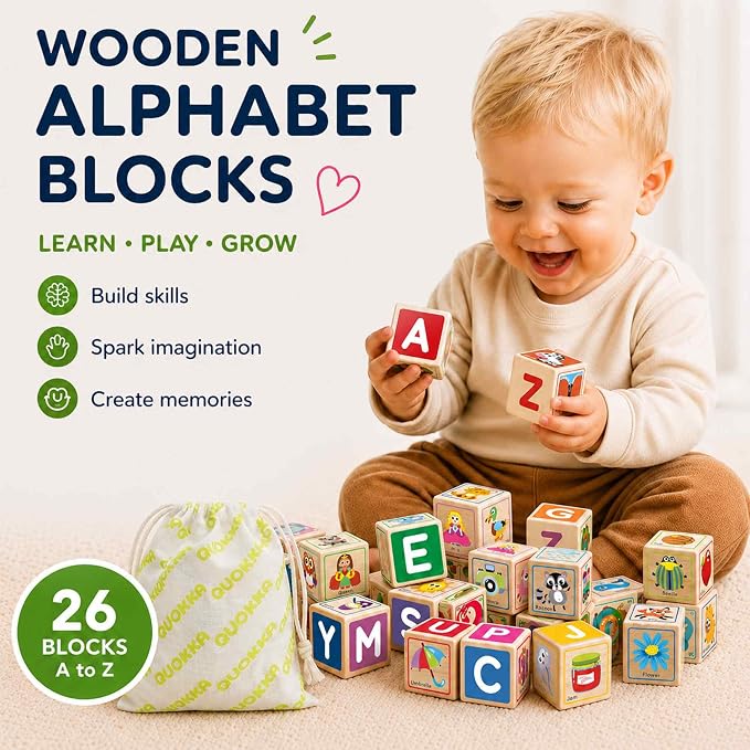 Quokka Wooden Blocks for Toddlers 1-3 - 26 Counting ABC Learning Baby Blocks for Kids 3-5 Year Olds Stacking Alphabet Wood Toys for 2-4 Ages - Developmental Toys with Letters Numbers from 12-18 Month