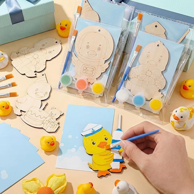 Saypacck 24 Pcs Duck Party Favors Wooden Paint Craft Kits | Duck Theme Crafts for Kids Birthday, Goodie Bag Fillers, Brush Paint Organza Bags Included,