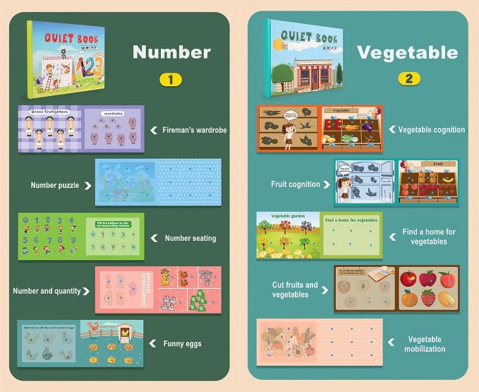 4 Pack DIY Busy Book for Toddlers, Montessori Quiet Book with Animal, Vehicle, Number, Fruit Preschool Learning Activities & Education Toys