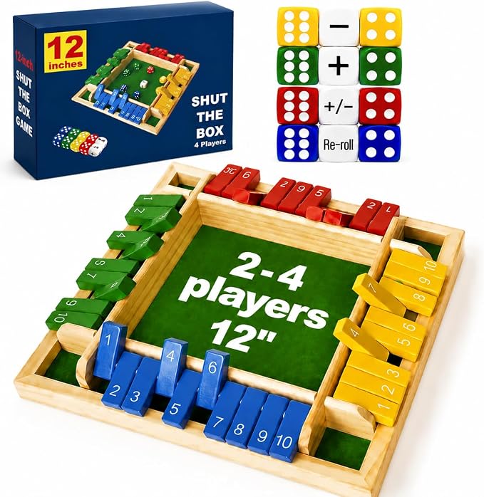 Shut The Box Dice Game 12 Inch Upgraded 2-4 Player Wooden Dice Game Math Addition Games Close The Box Family Wooden Dice Board Game for Kids Adults, Tabletop Version for Classroom, Home, Party or Bar