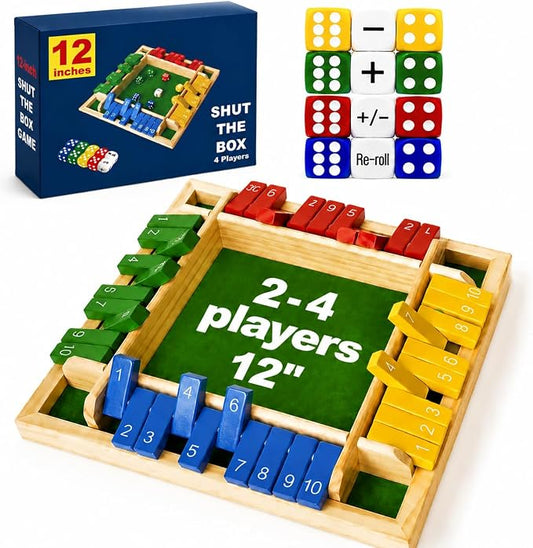 Shut The Box Dice Game 12 Inch Upgraded 2-4 Player Wooden Dice Game Math Addition Games Close The Box Family Wooden Dice Board Game for Kids Adults, Tabletop Version for Classroom, Home, Party or Bar