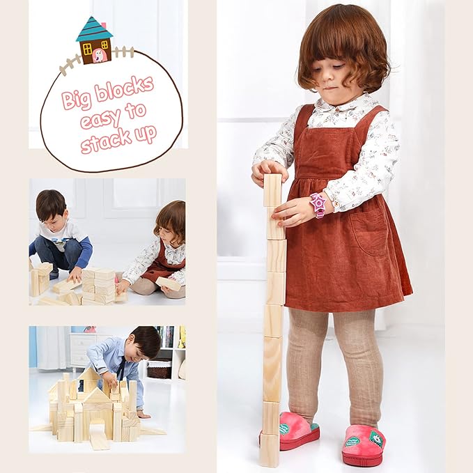 Large Wooden Blocks for Toddlers 1-3, 64Pcs Big Wood Building Blocks Set | Wooden Storage Box, Large Toddler Blocks Building and Stacking Toys Construction Set, Natural Child Safe Solid Wood Blocks